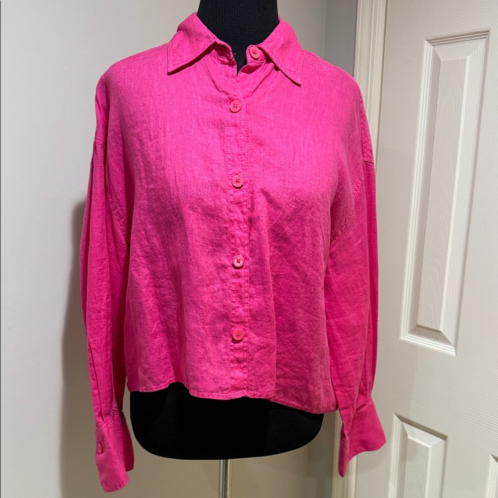 Zara Hot Pink LINEN Button-down cropped Women's Top, Large, oversized fit. - Picture 2 of 10